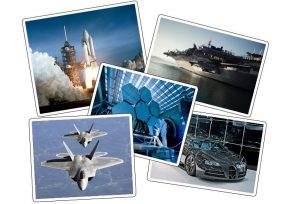 Collage picture of a rocket, fighter jet, fighter cruise and advanced technology car