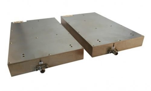 Two rectangular shaped brown color frequency up/down converters