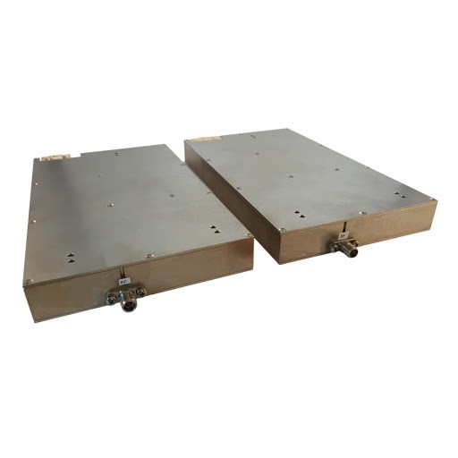 Two rectangular shaped brown color frequency up/down converters