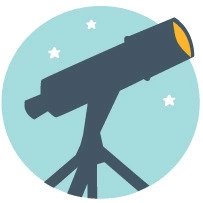 A black telescope with blue background having stars